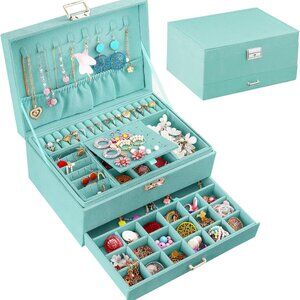 Jewelry Boxes for Women Teal Velvet Jewelry Organizer with Lock,Teen Jewelry Org